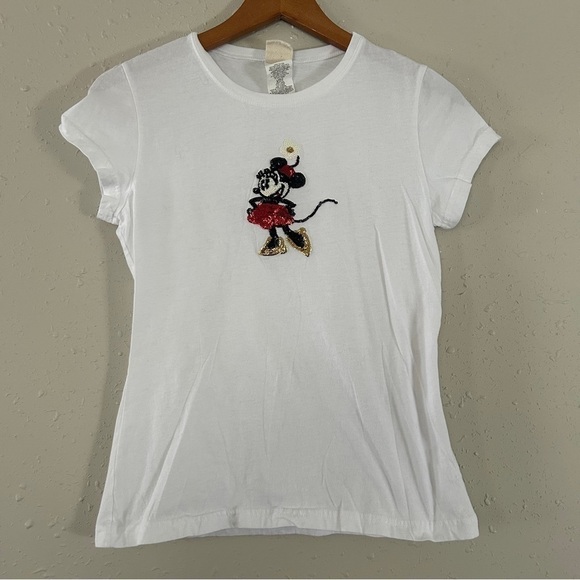 🦋 Disney White Minnie Mouse Sequin Short Sleeve T-Shirt Youth Large Size Medium - Picture 1 of 7